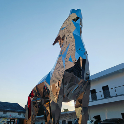 Giant 3-meter Stainless Steel Animal Mirror Geometric Wolf Sculpture