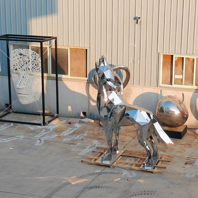 Giant 3-meter Stainless Steel Animal Mirror Geometric Wolf Sculpture