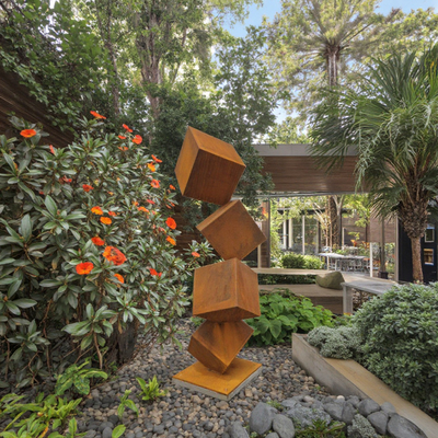 Moderne buitentuin Kubus torensculpturen Roestige Abstracte Corten Steel Metalen Lastechniek