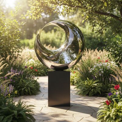 De reflecterende beeldhouwwerk van de halve maan: gepolijst staal en zwart marmer kunstwerk