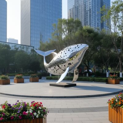 Modern Large Outdoor Stainless Steel Whale Sculpture with Mirror Polished & Dotted Surface for Garden Park Plaza Art Decoration