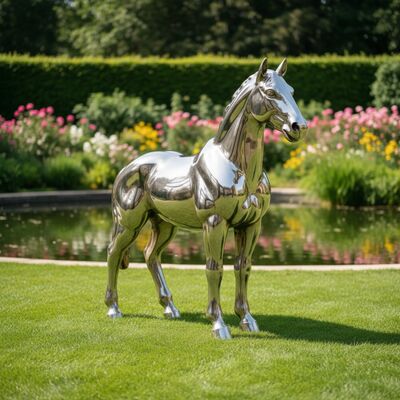 Goede prijs. Levensgrootte Buitenruimte roestvrij staal paard sculptuur spiegel gepolijst metaal dierkunst voor tuinpark decor online