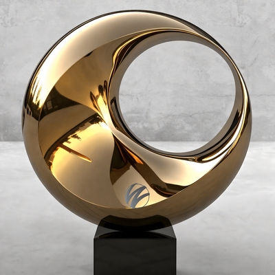 Titanium goud gepolijst roestvrij staal abstracte ring sculptuur met zwarte graniet basis