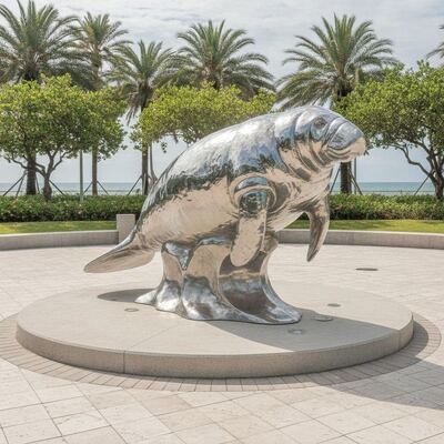 Levensgroot buiten roestvrij staal lamantijn sculptuur spiegel gepolijst oceaan dier standbeeld voor Plaza Park kust decoratie Art