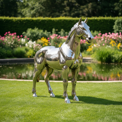 Goede prijs. Levensgrootte Buitenruimte roestvrij staal paard sculptuur spiegel gepolijst metaal dierkunst voor tuinpark decor online