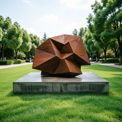 Goede prijs. Grote Abstracte Cortenstaal Geometrische Sculptuur Moderne Buiten Polyeder Kunst Beeld Tuin Park Plein Hotel Landschapsdecoratie online