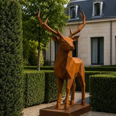 Goede prijs. Levensgrote geometrische hert metalen sculptuur verwerend cortenstaal low poly dierenbeeld modern buitentuindecor op maat online