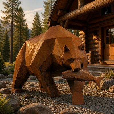 Goede prijs. Grote cortenstaal grizzlybeer sculptuur laag poly geometrische beer met vis standbeeld buiten tuin decor verroeste metalen gazon kunst Online